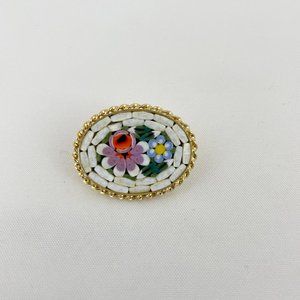 Micro Mosaic White Flower Brooch MM28